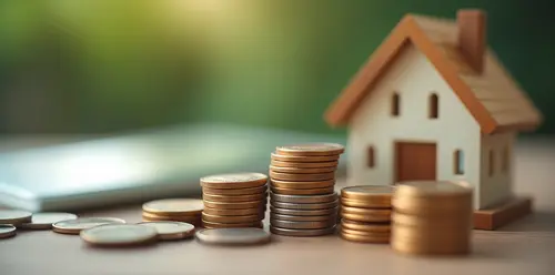 An image of coins and a log home to promote tax planning with regards to estate planning law