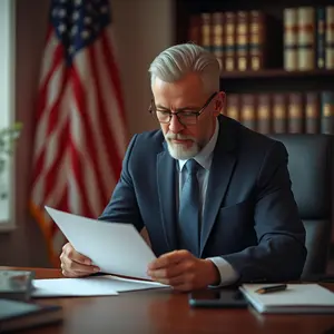 An older grey haired attorney working on papers for grounds on challenging a trust