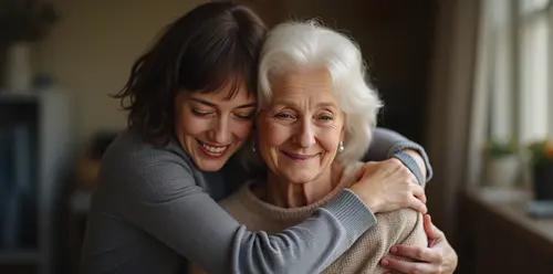 Elderly Mom being embraced by her daughter promoting elder protection law.