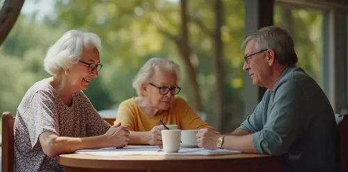 Elderly group of adults sitting at a table to discuss estate planning law.