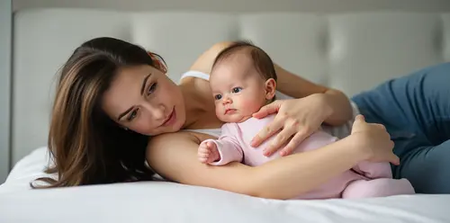 A Mother and her baby laying on a bed promoting Guardianship and Conservatorship.