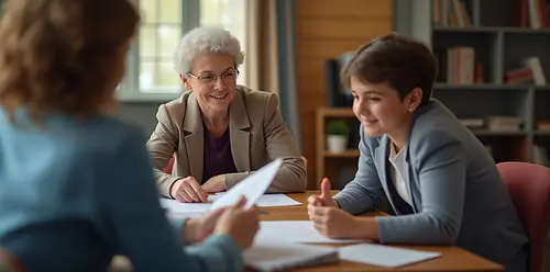 Two adults sitting with an attorney drafting trust administration documents.