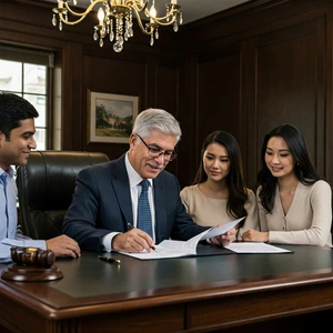 A refined lawyer with grey hair working on documents in a law office with a married younger couple seated next to him.