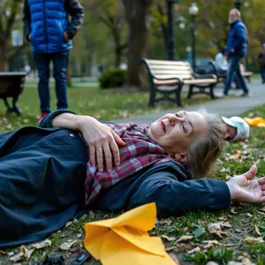 elderly woman injured at a park, needing protection and help