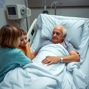 Elderly man in a hospital bed with grand children on the side.